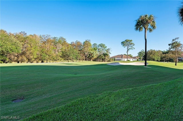 view of community featuring a lawn and view of golf course