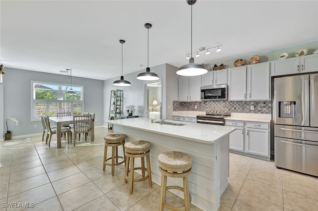 kitchen with backsplash, sink, hanging light fixtures, an island with sink, and stainless steel appliances