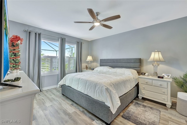 bedroom featuring ceiling fan and light hardwood / wood-style floors