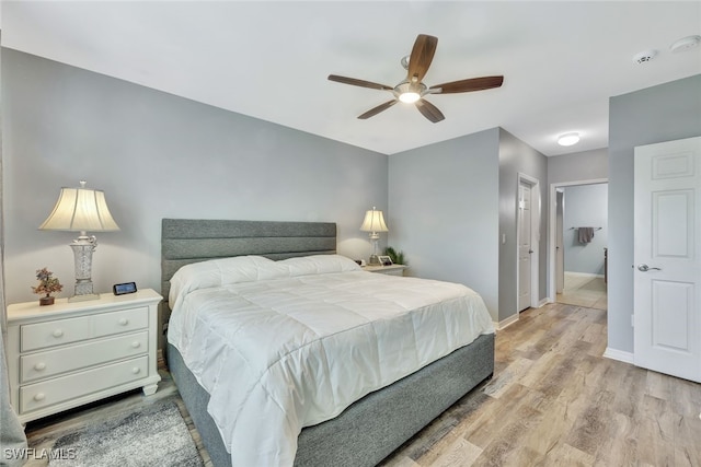 bedroom with ceiling fan and light wood-type flooring