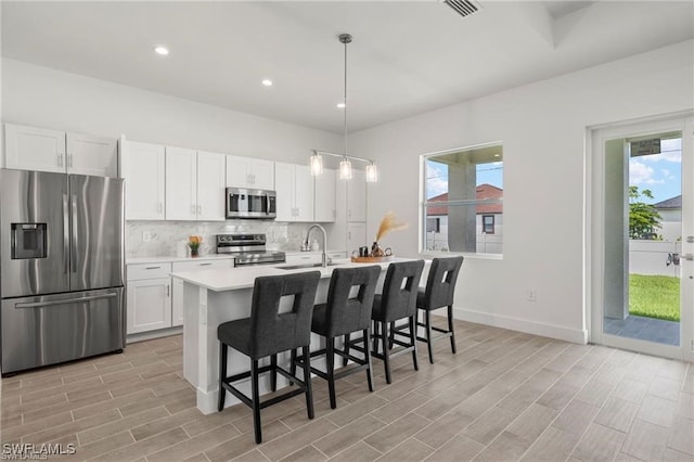 kitchen with stainless steel appliances, a wealth of natural light, and light hardwood / wood-style floors