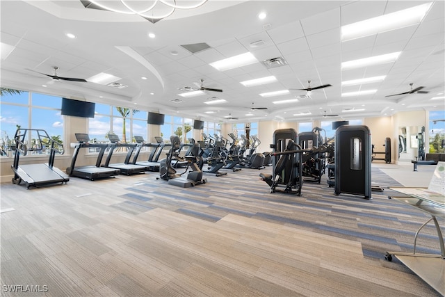 exercise room with ceiling fan, light carpet, and a drop ceiling