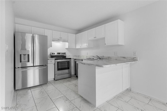 kitchen featuring kitchen peninsula, sink, white cabinets, and stainless steel appliances