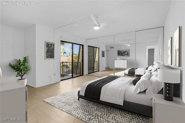 bedroom with ceiling fan, access to exterior, and light hardwood / wood-style flooring