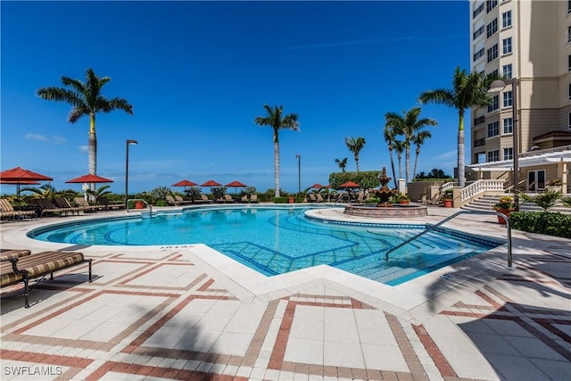 view of swimming pool with a patio area