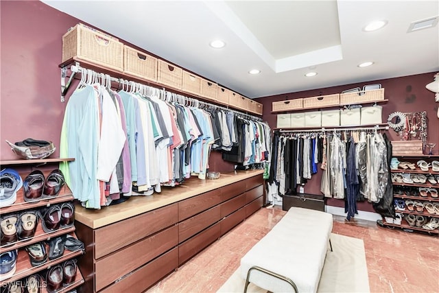 spacious closet featuring a raised ceiling