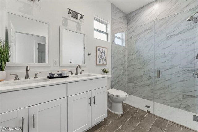 bathroom with vanity, toilet, and a shower with shower door