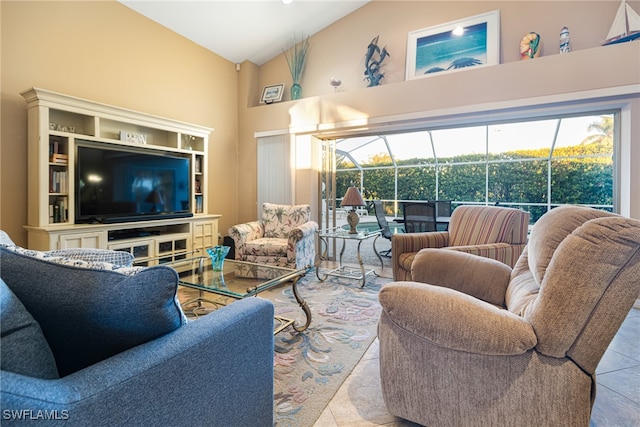 tiled living room with high vaulted ceiling