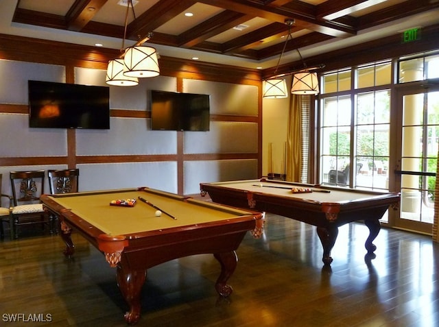 playroom with beam ceiling, pool table, coffered ceiling, dark hardwood / wood-style flooring, and ornamental molding