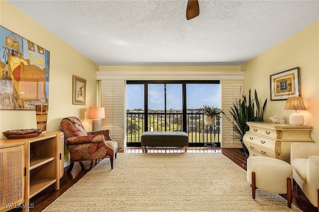 living area with a textured ceiling and dark hardwood / wood-style flooring