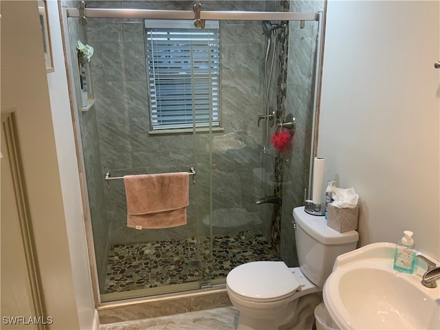 bathroom featuring toilet, a shower with door, and sink