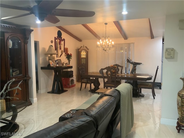 interior space with ceiling fan with notable chandelier