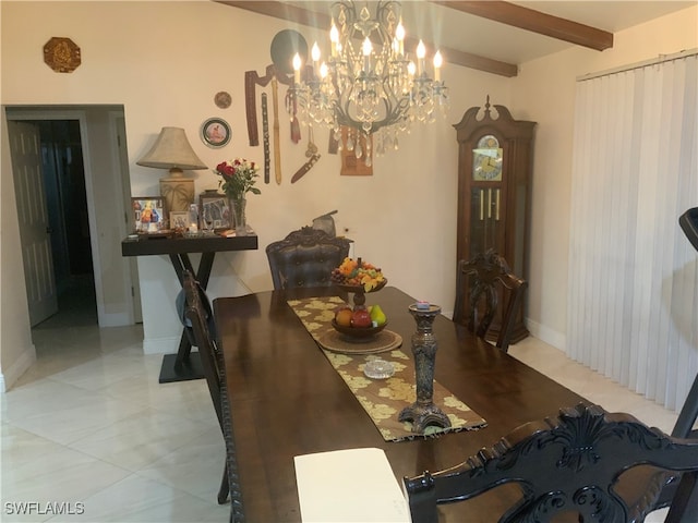 tiled dining space with beam ceiling and a chandelier