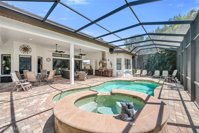 7399 Acorn Way, Naples, FL 34119 - view of pool with a pool with connected hot tub, a patio, ceiling fan, and a lanai