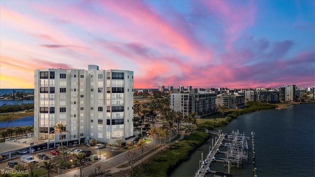 outdoor building at dusk with a water view