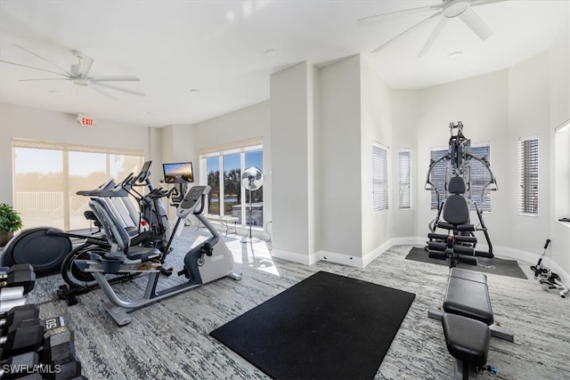 exercise room with carpet, plenty of natural light, and ceiling fan