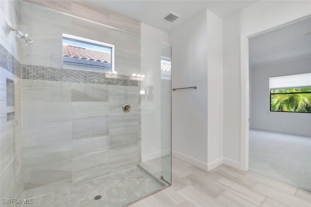 bathroom with a tile shower and a wealth of natural light