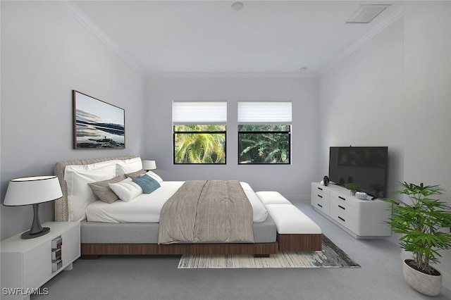 bedroom featuring ornamental molding and light carpet