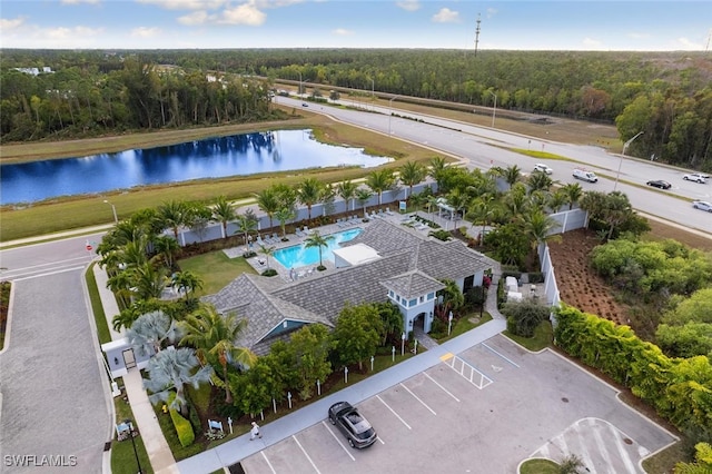 drone / aerial view featuring a water view