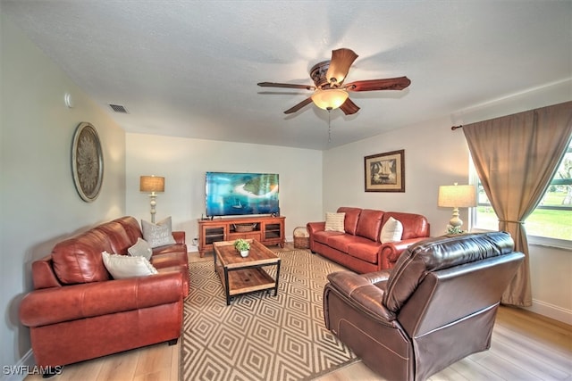 living room with ceiling fan, light hardwood / wood-style floors, and a textured ceiling