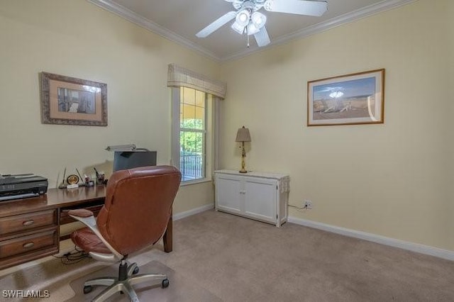 office space with light colored carpet, ceiling fan, and crown molding