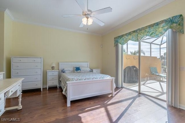 bedroom featuring access to exterior, ornamental molding, ceiling fan, and dark wood-type flooring