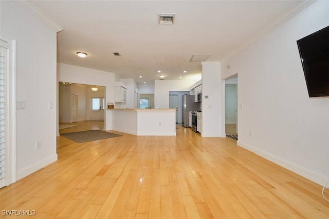 unfurnished living room with light hardwood / wood-style flooring and ornamental molding