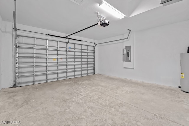 garage featuring a garage door opener, electric panel, and water heater