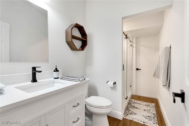 bathroom with vanity, wood-type flooring, and toilet