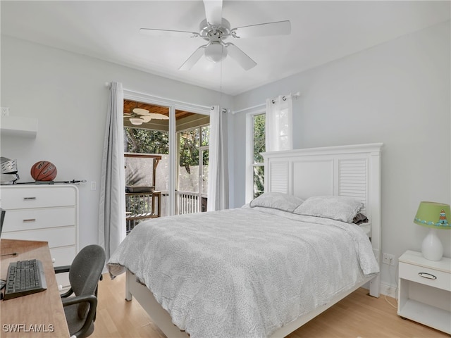 bedroom featuring ceiling fan, access to exterior, and light hardwood / wood-style flooring