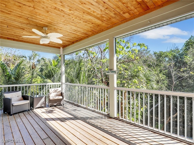 unfurnished sunroom featuring ceiling fan and wood ceiling