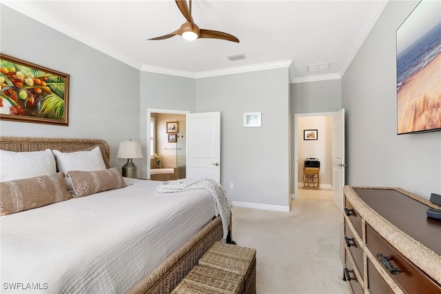 bedroom featuring light colored carpet, ceiling fan, and crown molding