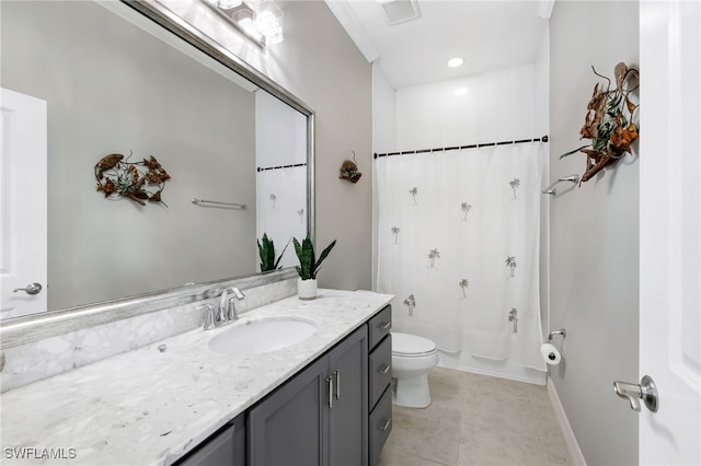 full bathroom with tile patterned floors, vanity, shower / tub combo, and toilet