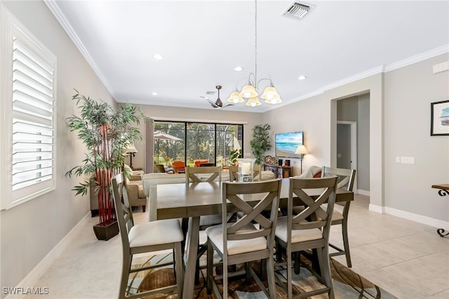 tiled dining room featuring crown molding and a notable chandelier