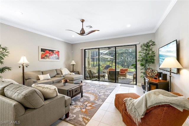 tiled living room featuring ceiling fan and ornamental molding