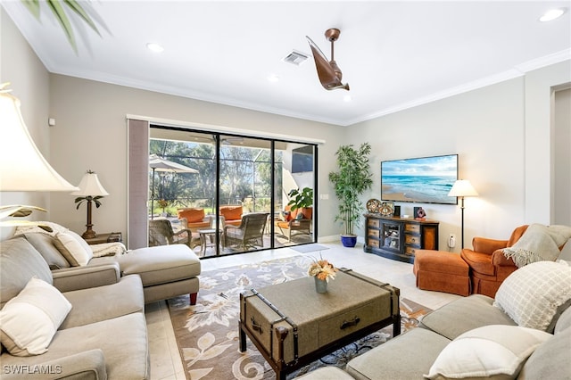 tiled living room featuring ornamental molding