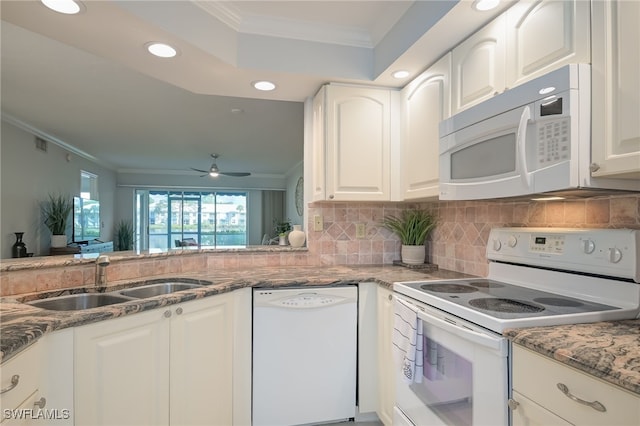 kitchen with ceiling fan, sink, white cabinets, and white appliances