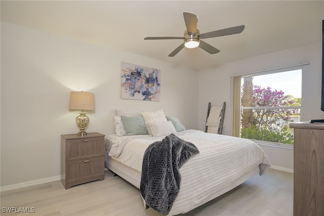 bedroom featuring ceiling fan and light hardwood / wood-style floors