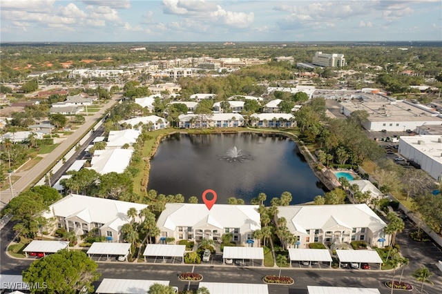 drone / aerial view with a water view