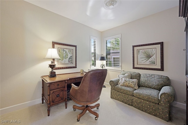 home office featuring light carpet