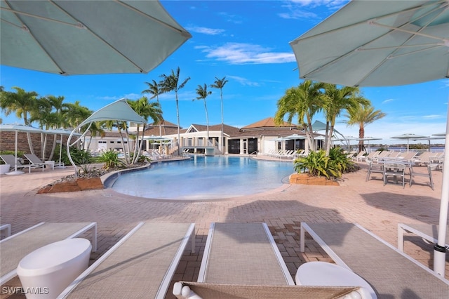 view of swimming pool with a patio