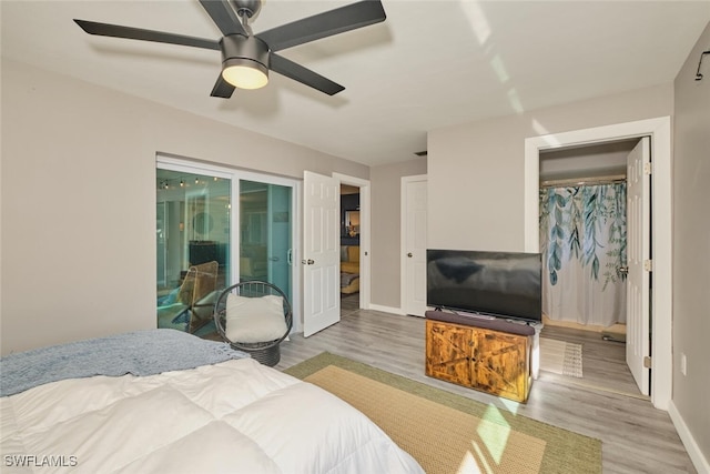 bedroom featuring ceiling fan and light hardwood / wood-style floors