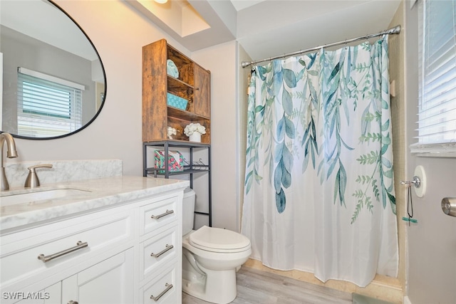 bathroom with vanity, hardwood / wood-style flooring, toilet, and curtained shower