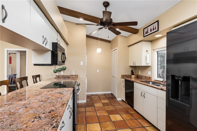 kitchen with white cabinets, sink, ceiling fan, and black appliances