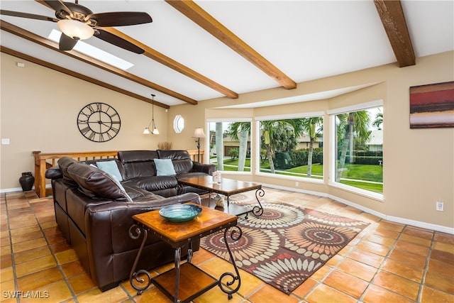 tiled living room with lofted ceiling with beams and ceiling fan