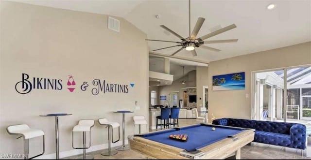 playroom with ceiling fan, lofted ceiling, and pool table