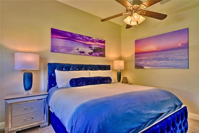 bedroom featuring carpet flooring and ceiling fan