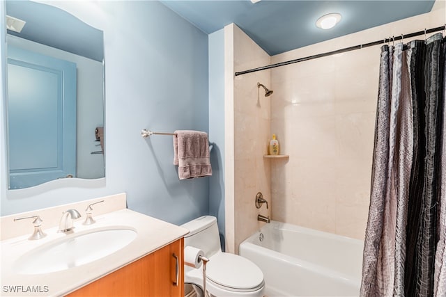 full bathroom featuring toilet, shower / bathtub combination with curtain, and vanity