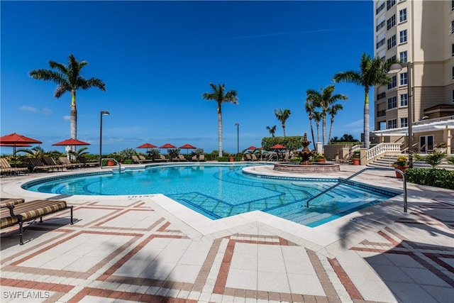 view of swimming pool with a patio