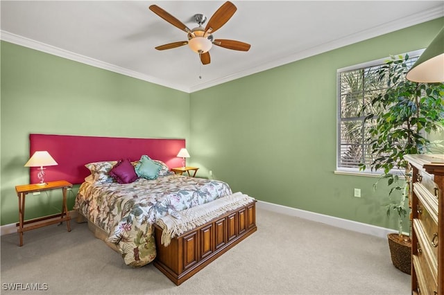 carpeted bedroom with multiple windows, crown molding, and ceiling fan